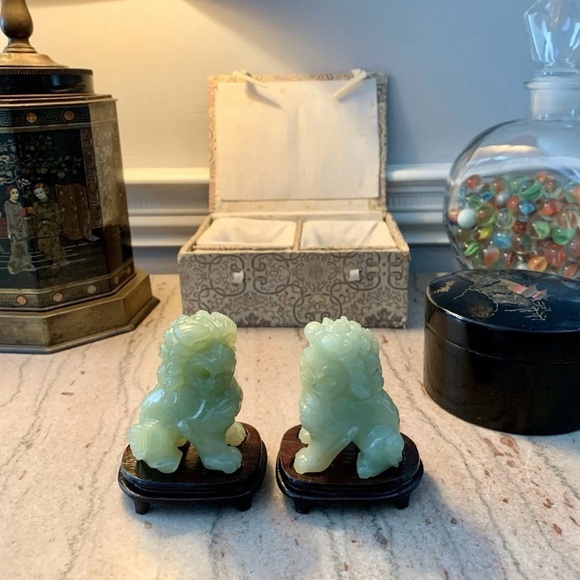 Source Unknown Other - Vintage Pair Of Jade Foo Dogs With Wooden Stand & Original Box